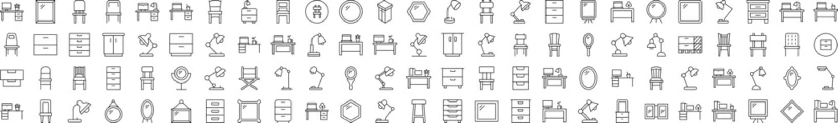 Furniture for Interior Related Simple Icon Set. Contains Icons of Workplace, Mirror, Chair, Table Lamp for Banners, Infographics, Books, Articles and Other Types of Design