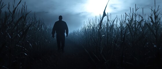 A solitary figure walks through a dark, misty cornfield under a mysterious moonlit sky, evoking a sense of suspense and intrigue.