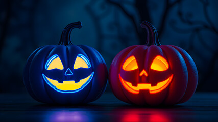 Two neon blue happy and sweet halloween pumpkins in a moody dark halloween background. Generative AI