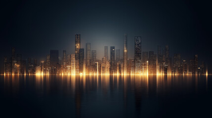 Fototapeta premium A city skyline is lit up at night, with the lights reflecting off the water