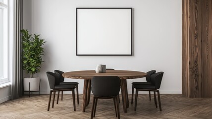 Stylish modern dining room featuring a sleek wooden table and a blank frame ready for personalization.