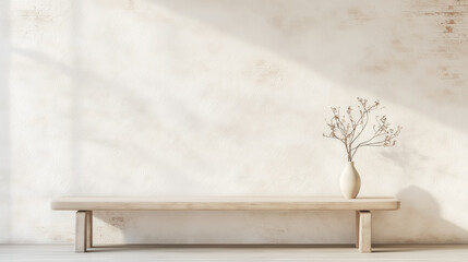 A white wall with a vase of flowers on a wooden bench