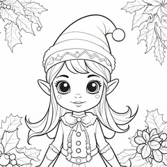 Cute Christmas Elves Coloring Book Page