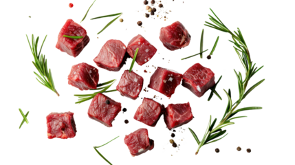 Falling diced beef meet, cubes of raw beef with rosemary Isolated from the white background.	