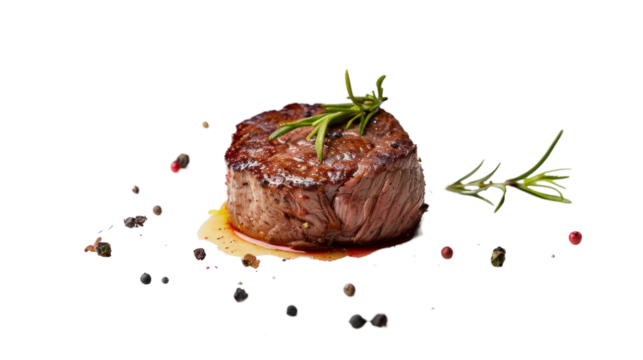 Falling diced beef meet, cubes of raw beef with rosemary Isolated from the white background.	