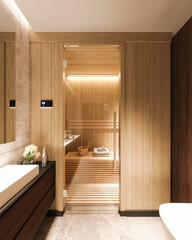 Modern bathroom design with sauna. Home spa interior design. 3D Rendering, 3D Illustration