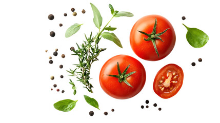 Fototapeta premium fresh tomato, herbs and spices isolated on transparent and white background.PNG image 