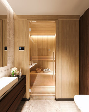 Modern bathroom design with sauna. Home spa interior design. 3D Rendering, 3D Illustration
