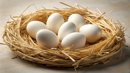 White Goose Eggs Arranged in a Straw and Leaf Nest