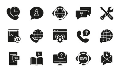 Customer Support and Global Communication Tools Silhouette Icon Set. Customer Service Glyph Symbol Collection. Isolated Vector Illustration