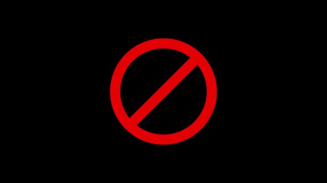 Simple Ban animation icon. Red sign stop, ban, cross, warning, stop or no entry, cancel, prohibited animation icon on black background.