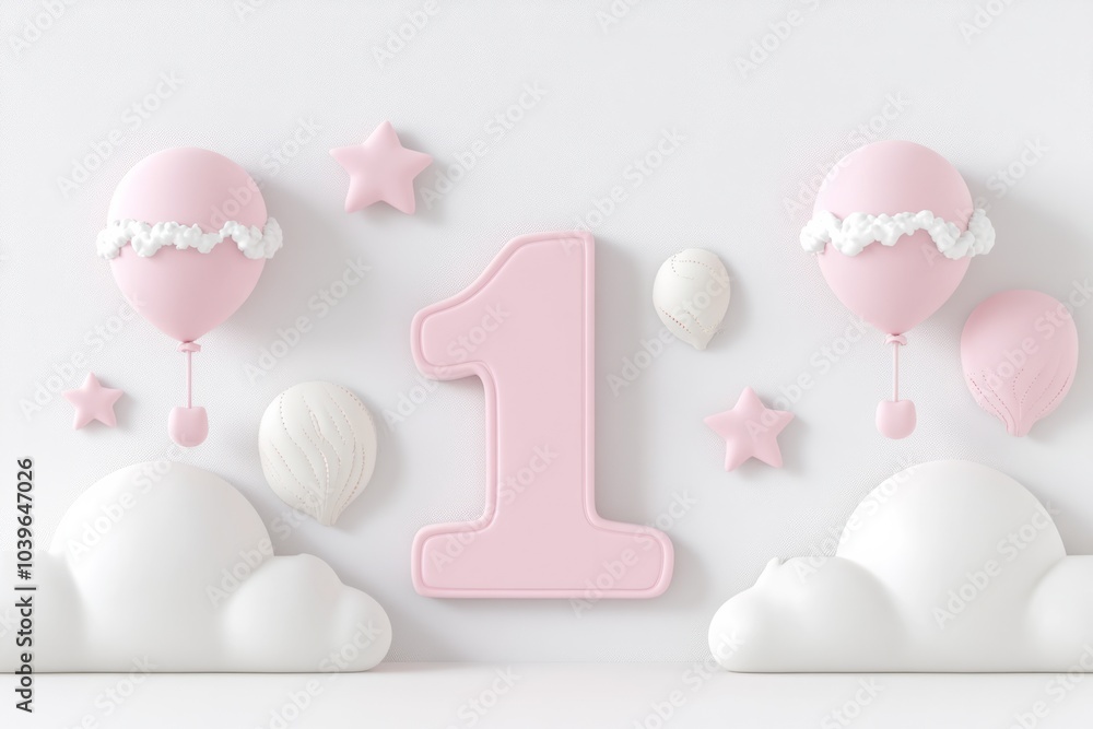 Wall mural 1th birthday background, pink number 1 balloons and birthday decoration