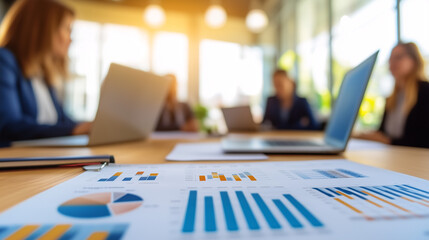 Financial charts and data reports on office desk during meeting