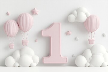 1th birthday background, pink number 1 balloons and birthday decoration
