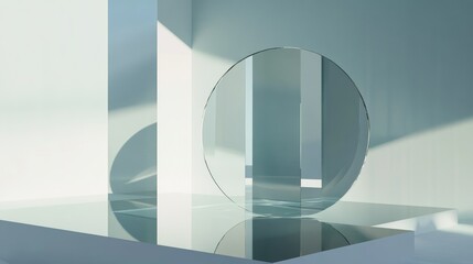 Minimalistic arrangement of a clean glass mirror reflecting geometric patterns on a clear, reflective base