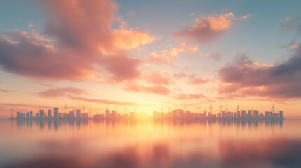 Obraz premium A city skyline is reflected in the water at sunset