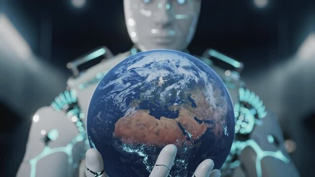 AI Robot Holding Earth Changing World for Better Artificial Intelligence Utopia Concept