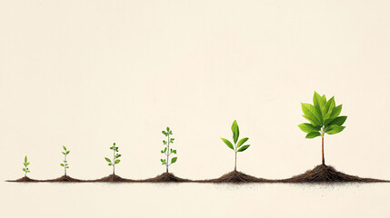 A series of plants growing from seedlings to mature trees