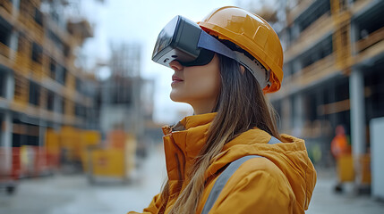 Naklejka premium A young woman wearing a hard hat and safety vest uses a virtual reality headset while standing on a construction site.