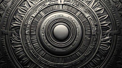 A detailed steampunk mandala featuring metallic gears, cogs, and pistons, radiating from the center in intricate symmetrical patterns. The design is enhanced by bronze and brass textures.