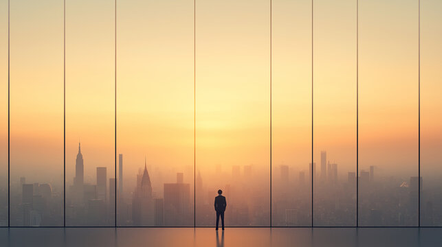 Fototapeta A man stands in front of a window looking out at the city