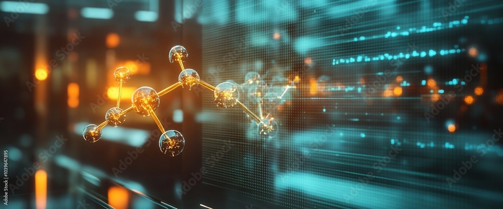 Poster Abstract 3D molecule model with glowing orbs and connecting lines, set against a blurred background of digital data.