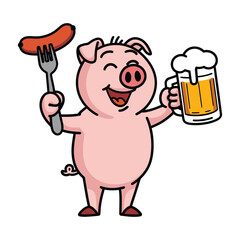 Happy pig with beer and sausage illustration