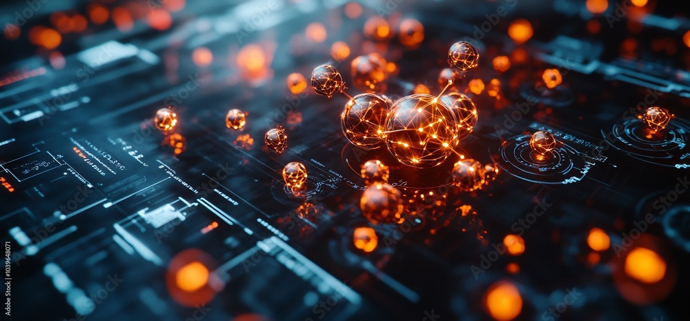 Poster Abstract 3D rendering of glowing spheres connected by lines on a futuristic tech background.
