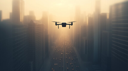 A drone is flying over a city street