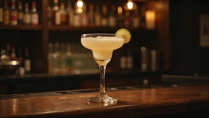 Elegant Margarita Cocktail in Crystal Glass Against Dark Bar Background