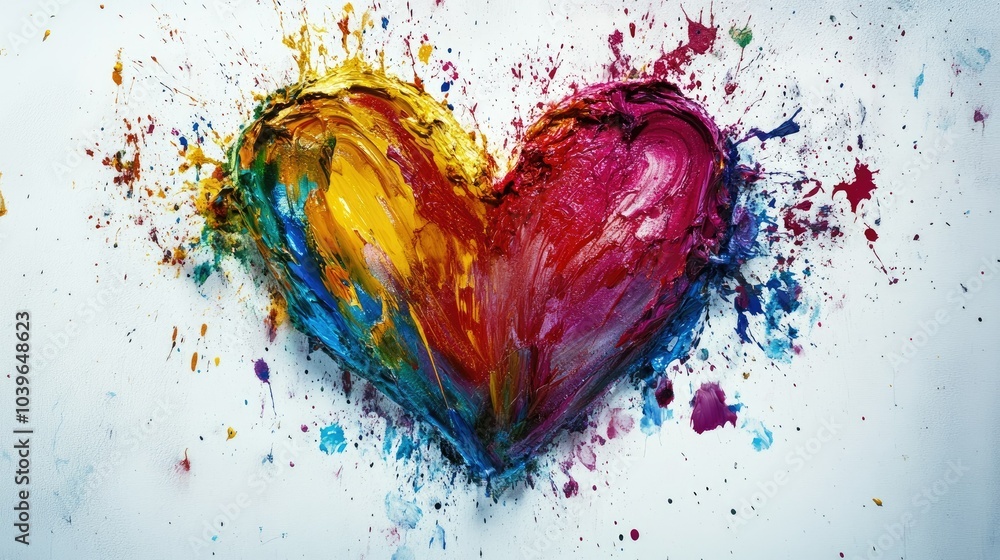 Poster multicolored paint splashes merging to form a heart shape on a white background, expressing harmony 
