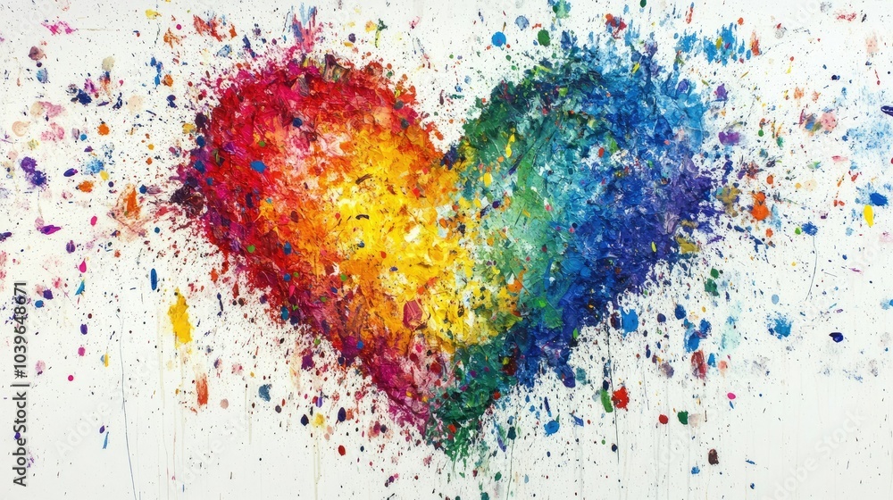 Poster multicolored paint splashes merging to form a heart shape on a white background, expressing harmony 