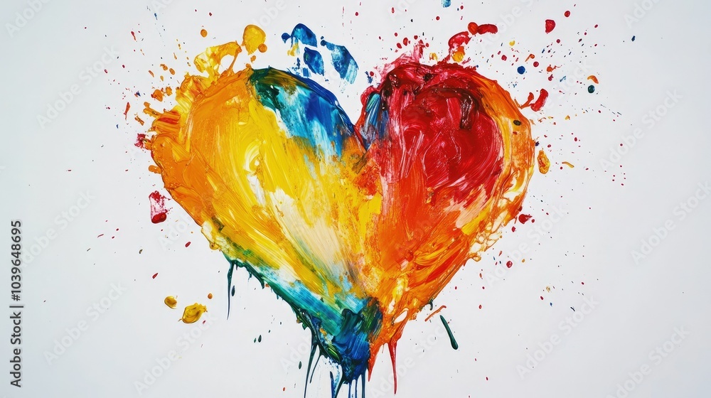 Poster multicolored paint splashes merging to form a heart shape on a white background, expressing harmony 