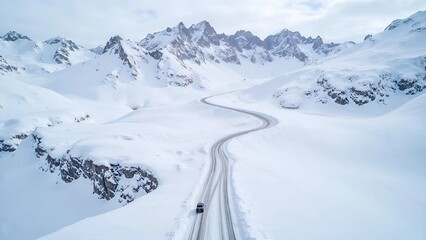Obraz premium Aerial view of winding road through snowy mountain landscape against white cloudy sky