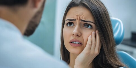 A patient at a modern dental clinic, consulting with a dentist about their toothache, with a focus on building trust and offering treatment for relief.