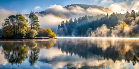 Obraz premium Shimmering Silver Mist Envelops Tranquil Lake Creating a Dreamlike and Serene Natural Atmosphere