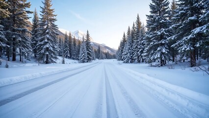 Obraz premium Serene snow-covered road through majestic pine forest in winter twilight