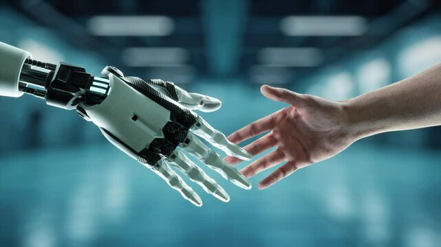 AI Robot Hand Is Holding A Human Hand In A Futuristic Setting Workshop Advertising Photography Robotics Engineering