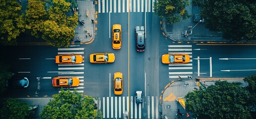 Aerial view of a busy intersection with yellow cabs and a car.