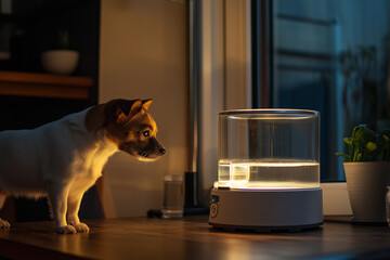IoT-connected pet feeder and water dispenser with automated scheduling. A dog is currently standing beside a water dispenser