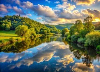 Fototapeta premium Soft Morning Light Illuminates Rolling Hills Creating a Serene and Peaceful Landscape at Dawn