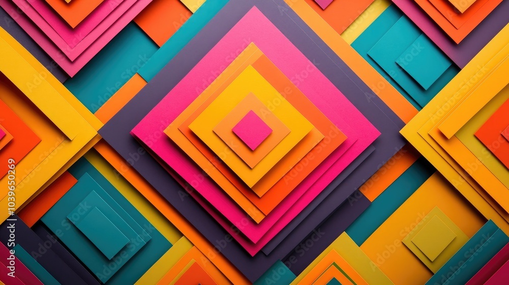Poster overlapping geometric paper cuts in vibrant colors, arranged to form a lively pop art pattern with a