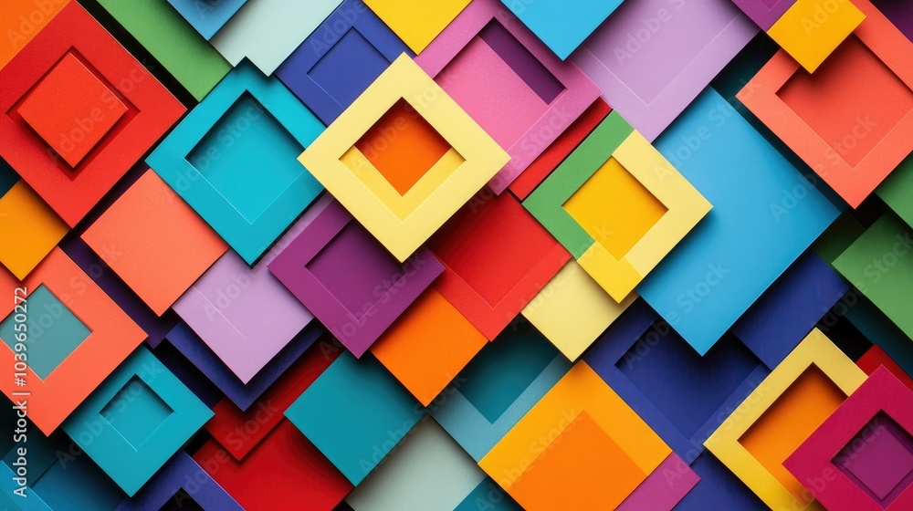 Poster overlapping geometric paper cuts in vibrant colors, arranged to form a lively pop art pattern with a