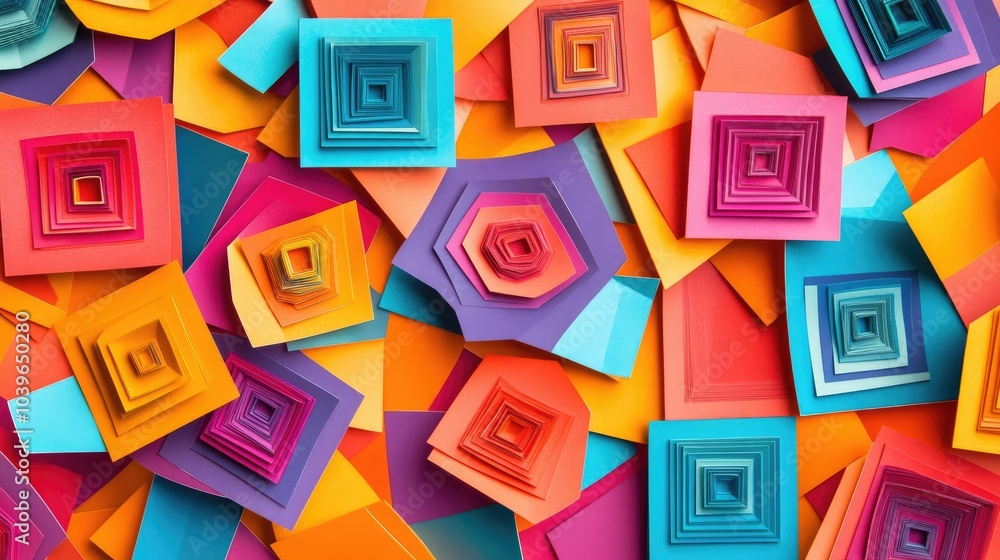 Poster overlapping geometric paper cuts in vibrant colors, arranged to form a lively pop art pattern with a