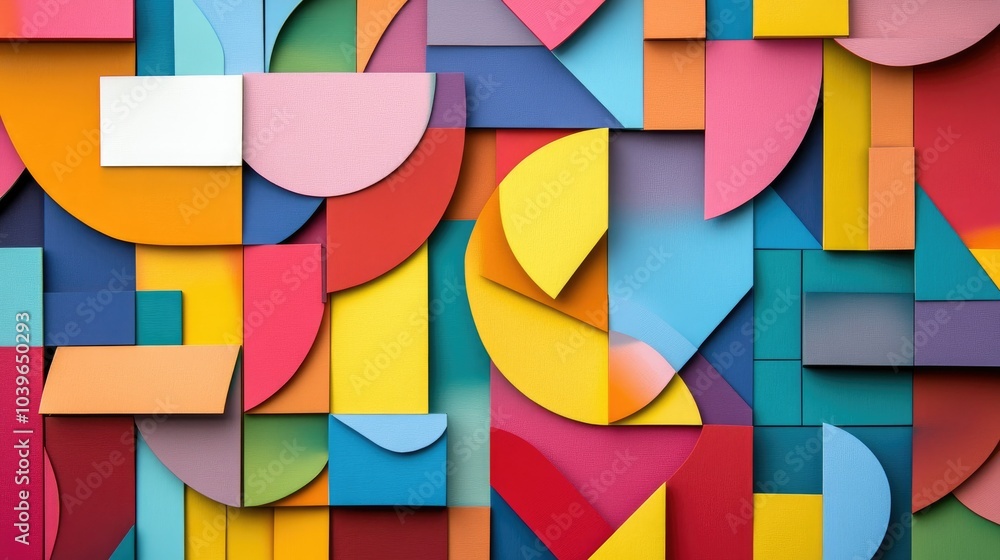 Poster overlapping geometric paper cuts in vibrant colors, arranged to form a lively pop art pattern with a
