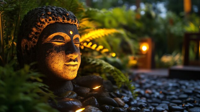Serene Buddha statue illuminated by warm lights amidst lush greenery and stones.