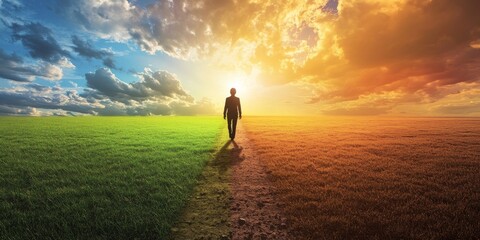 A person walking towards a bright future, while another figure stands firm in the opposite direction, resisting change, symbolizing the confrontation between old and new ideas.