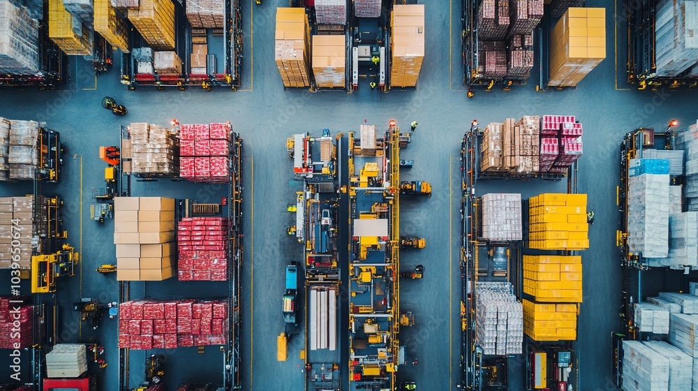 Aufkleber An aerial view of a large warehouse with rows of stacked boxes and forklifts moving between them.