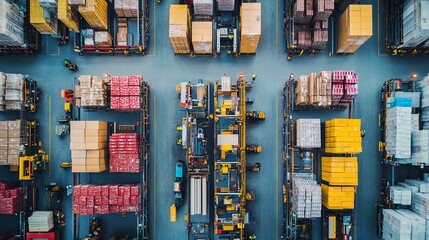 An aerial view of a large warehouse with rows of stacked boxes and forklifts moving between them.