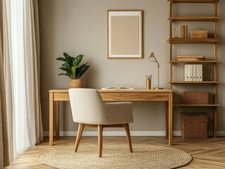 Minimalist study room with beige walls and simple wooden furniture